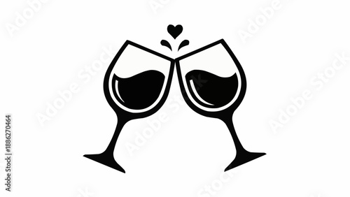 Two wine glasses clinking together with a heart symbol above.