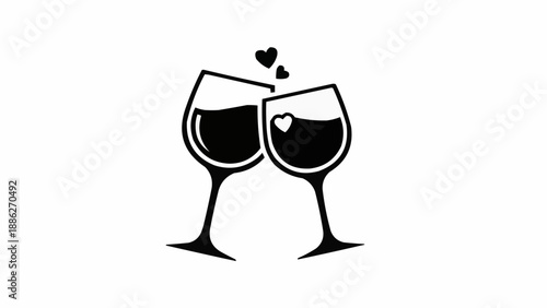Two wine glasses clinking together with hearts symbolizing love.