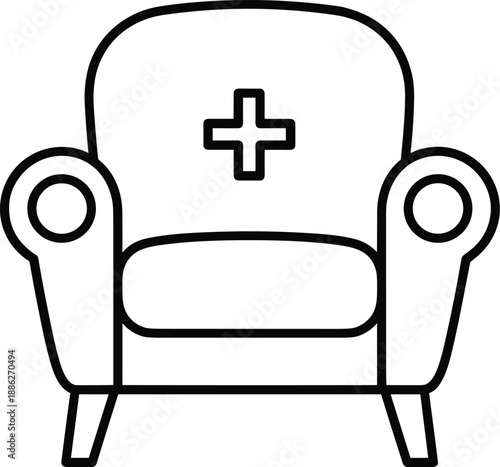 Simple line illustration of a chair with a medical cross on it, viewed from the front