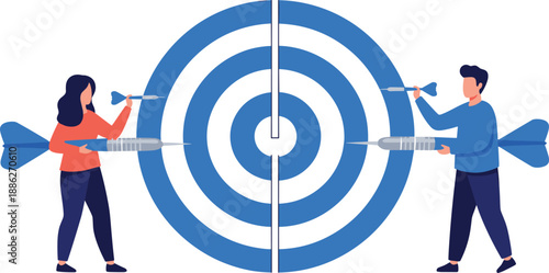 Two people aiming arrows at a large blue target, symbolizing partnership and precision in achieving a common goal from opposite sides.