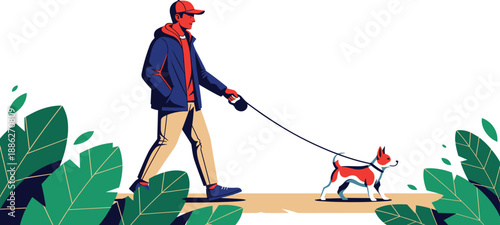 Man walking dog on a leash in a park surrounded by green foliage from a high viewpoint