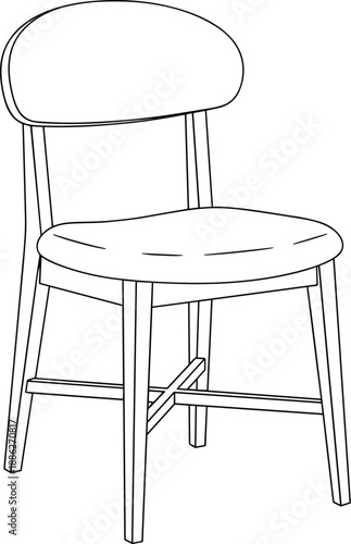 Simple chair illustration with rounded back and four legs, depicted from a slightly angled viewpoint in a minimalist style