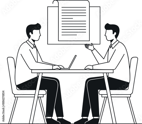 Two men collaborating on a project at a desk with documents and a laptop in a modern office setting from a straightforward perspective