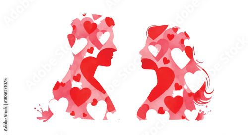 A watercolor illustration depicts a couple facing each other filled with hearts symbolizing love and connection high quality