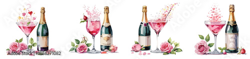 Valentines Champagne Bottle and Pink Cocktail Watercolor Vector Set – Romantic Floral Toast Illustration Collection
