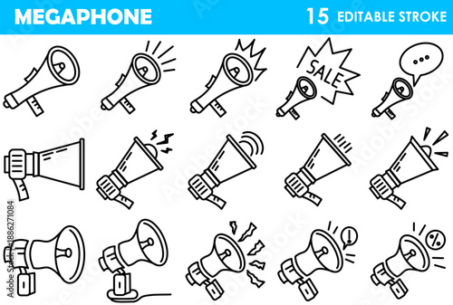 Megaphone Line Icons Set – 15 Editable Stroke Black Outline Loudspeaker Icons