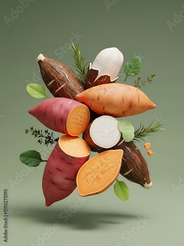 Artistic composition showcasing vibrant sweet potatoes and yuca roots