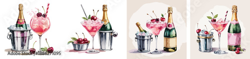 Valentines Champagne Cocktail Watercolor Vector Set – Romantic Pink Cherry Celebration Illustration