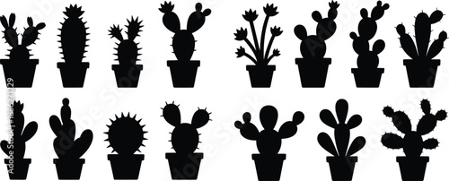 Black cactus silhouettes in pots collection set isolated on white background for desert nature landscape vector illustration and floral design