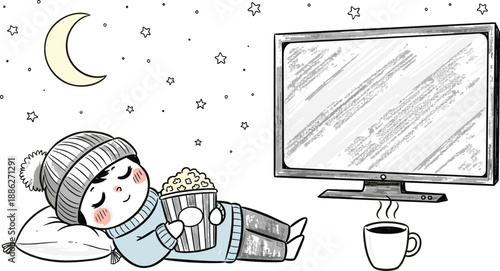 Cute Cartoon Boy Wearing Winter Hat Relaxing and Watching Television with Popcorn and Coffee Under a Starry Night Sky with Crescent Moon.