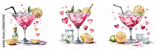 Valentines Pink Cocktail Glasses Watercolor Vector Set – Romantic Citrus Drink Illustration Collection