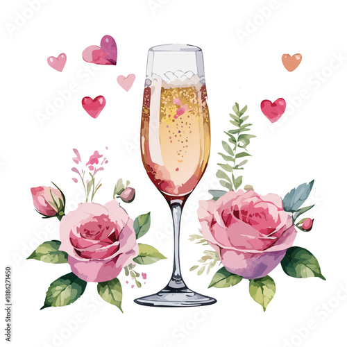 Valentines Champagne Flute with Roses Watercolor Vector Illustration – Romantic Floral Toast Design