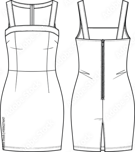 Women fitted dress technical drawing, sleeveless bodycon dress with straps and back zipper, front and back fashion flat illustration