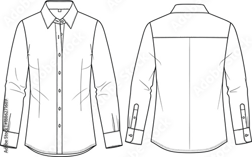 women fitted shirt technical sketch, long sleeve button up blouse, tailored fashion design, flat apparel illustration front back view