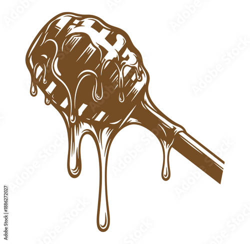 Brown honeycomb dripping with honey on a stick sweet food
