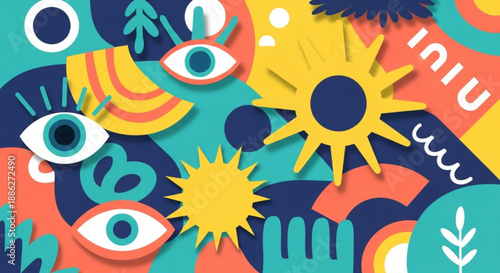 Vibrant abstract illustration of eyes suns and shapes in bold colors