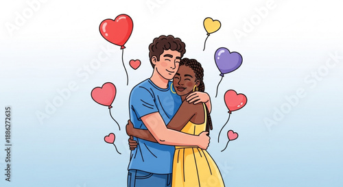 Loving couple embracing with colorful heart balloons around them