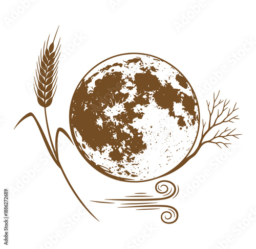 Brown illustration of a moon with wheat and tree branch on transparent background