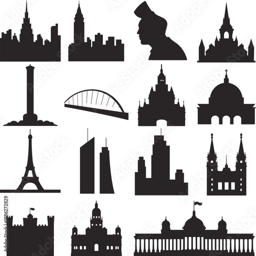 "Global architectural landmarks, iconic buildings, silhouette design, famous monuments, cultural heritage, travel inspiration, black vector icons, world structures, tourism symbols"