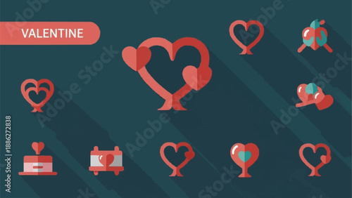 Valentines Day heart icons and symbols collection flat design.