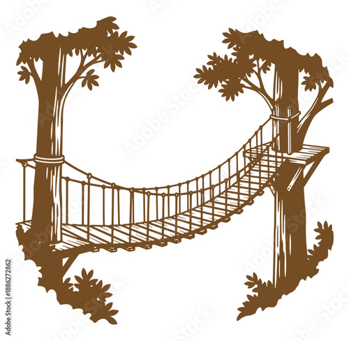 Brown illustration of a suspension bridge between two trees in the forest