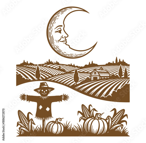 Brown illustration of scarecrow pumpkins corn moon and farm landscape