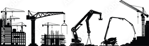 Construction site silhouette, tower cranes, concrete pump, gantry crane, excavator, high-rise development, industrial machinery, urban building, infrastructure, engineering scene