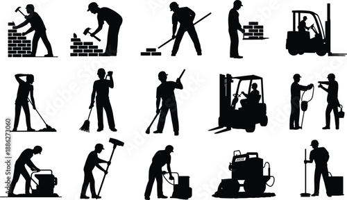 Construction and maintenance worker silhouettes, labor task icons, black vector figures, industrial job poses, facility cleaning illustration set