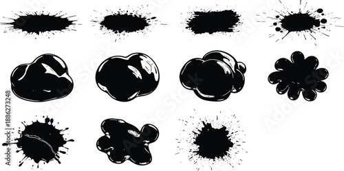Collection of black vector ink splashes and glossy liquid blobs isolated on white background for abstract grunge design elements and graphic illustrations