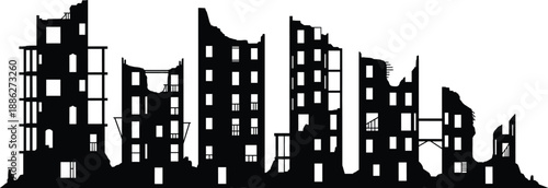 Destroyed buildings silhouette, urban decay, war damage, disaster impact, ruined architecture, collapsed structures, black and white, conflict zone, destruction, ruins