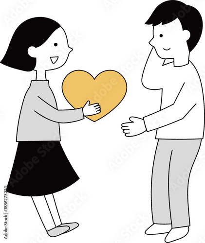 ハートを男性に渡す女性単色