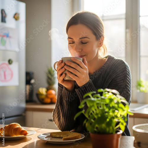 Woman enjoying a warm cup of coffee in a cozy kitchen with morning sunlight streaming through the window