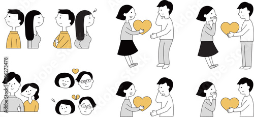 若いカップルのイラストセット単色