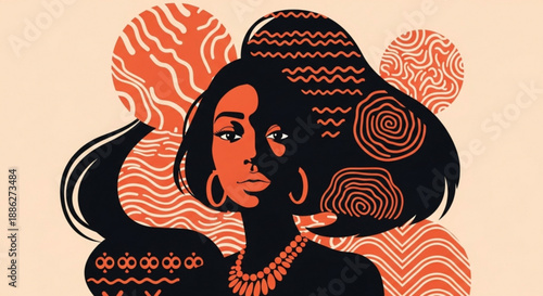 Stylized woman with patterned hair and jewelry on beige background