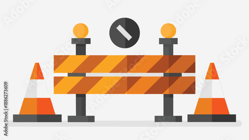 A bright orange traffic cone next to a solid road block, indicating a closed or restricted area on the road..eps