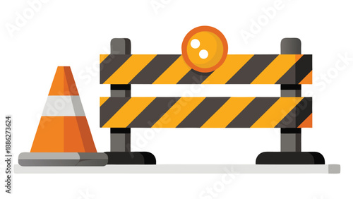 An orange traffic cone placed beside a road block, signaling a detour or obstruction for vehicles..eps