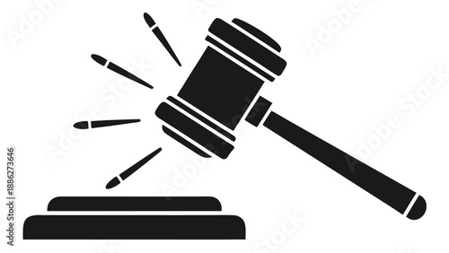 A monochrome drawing of a gavel descending onto a table, representing the act of judgment in a courtroom setting..eps