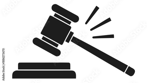 A black and white illustration of a gavel striking a wooden table, symbolizing authority and decision-making..eps