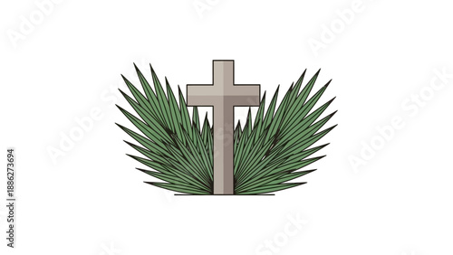 Christian Cross with Palm Leaves Illustration.