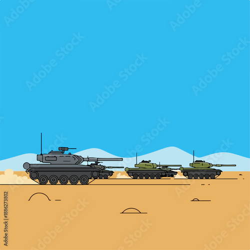 vector illustration of war with tanks in the desert