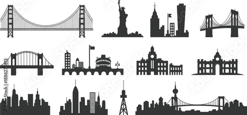 Landmark silhouette icons, city skyline vector, famous monument design, architectural symbols, black structure illustration, urban culture, global travel elements
