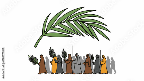 Palm Sunday Procession with Worshipers and Palm Fronds.