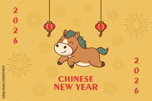 Festive Chinese New Year 2026 Year of the Horse Celebration Illustration with Lanterns. Ideal for holiday greeting cards, posters, and digital decorations.