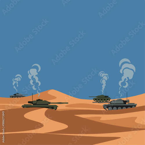 vector illustration of war with tanks in the desert