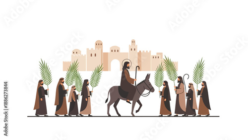 Jesus Christ Riding Donkey with Disciples.