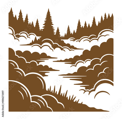 Brown silhouette landscape with trees river and clouds on white background