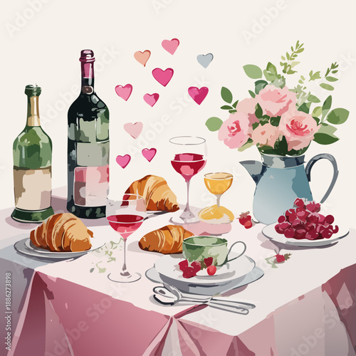 Valentine’s Day Romantic Brunch Table Vector Illustration — Watercolor Croissants, Wine Glasses, Roses, Grapes, and Heart Accents