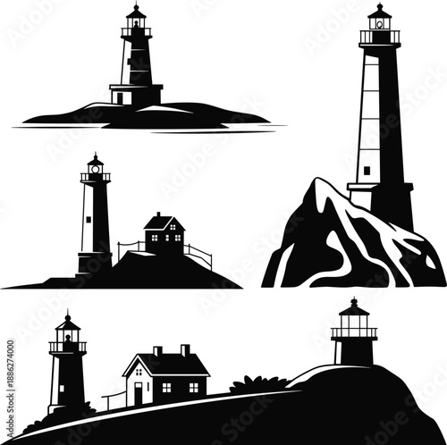 Lighthouse silhouette scenes, coastal beacon icons, maritime architecture, black vector design, ocean navigation illustration, hilltop tower, seaside building elements