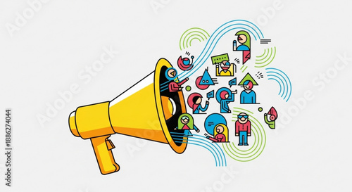 Megaphone with colorful people and icons speaking loudly