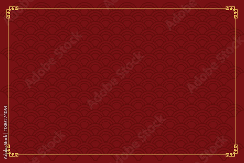 Traditional Chinese Red Background Gold Frame Wavy Pattern Lunar New Year Celebration. Perfect for Lunar New Year, Asian festivals, or cultural designs and celebrations.